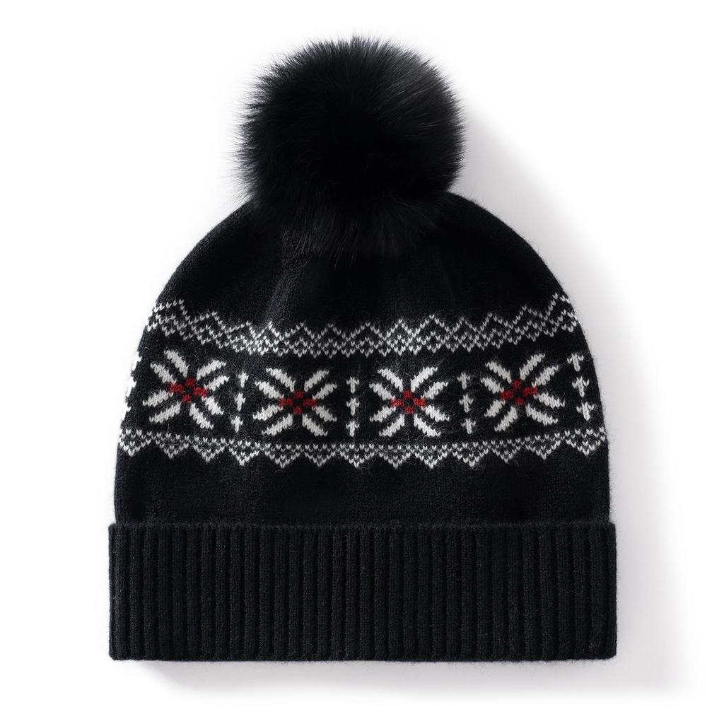 Women's Cashmere Pom-Pom Knit Hat - Warm Ear Protection, Jacquard Design, Face-Slimming Wool for Autumn and Winter.