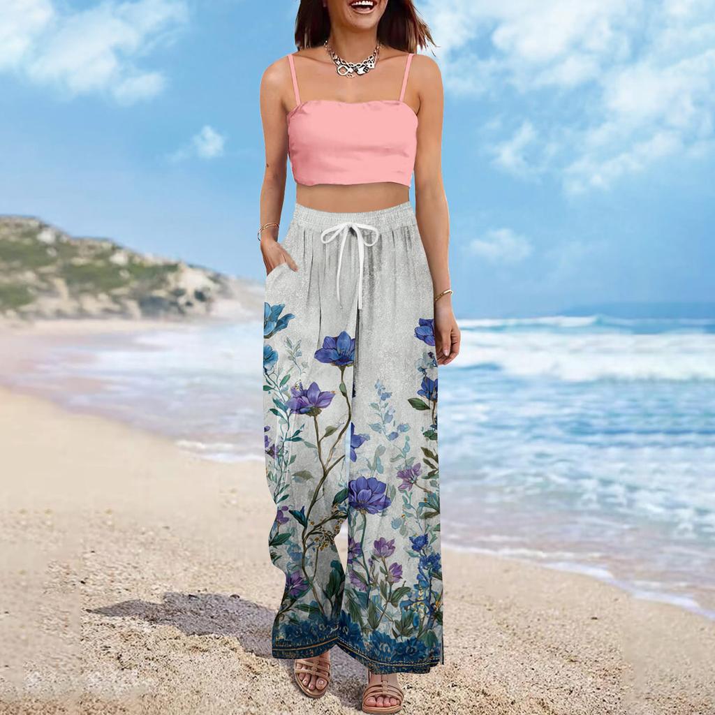 Dámské letní kalhoty Boho Palazzo s vysokým pasem a širokými nohavicemi s květinovým potiskem ležérní kalhoty s kapsami