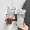 600 ml avec couvercle et paille Gobelet transparent pour bubble tea Gobelet en verre à rayures simples Verre à jus Boîte de bière Tasses à lait mocha Mug à café