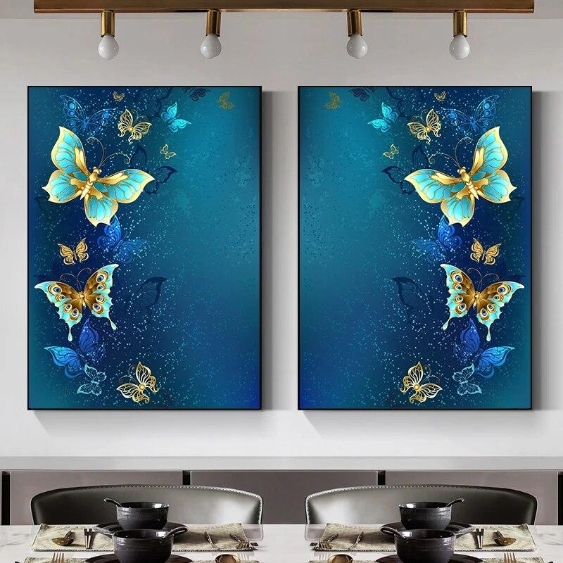 

Картина на холсте с цветком и бабочкой, красочные цветочные постеры и принты, настенные художественные картины для декора гостиной, спальни, без рамки 20X30CM синий