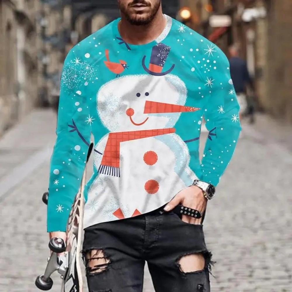 Santa Claus Pattern Men's Long Sleeved T-shirt 3D Printed Spring and Autumn Casual Long Sleeved Loose Breathable Top