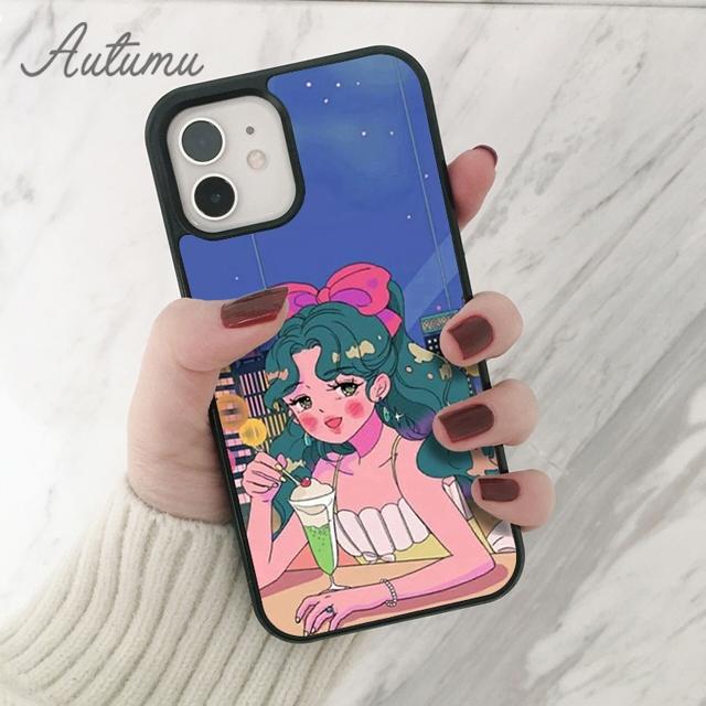 

Винтажный милый эстетичный чехол для телефона Vaporwave Pixel с изображением девушки из мультфильмов для iPhone 11 12 13 14 Pro Max mini XR XS SE 2020 7 8 Plus Samsung S22ultra