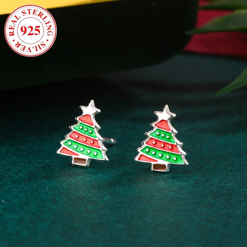 S925 Sterling Silver Christmas Tree Epoxy Stud Earrings for Women
