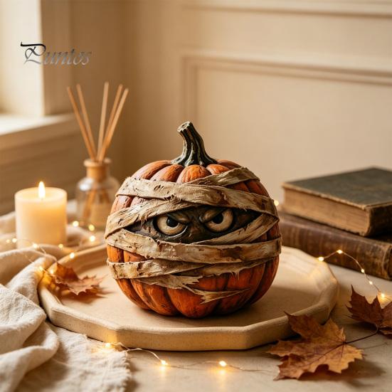 Decorative Holiday Pumpkin Crafts Halloween Wooden Figurine, Rustic Spooky Ornament, Fall Charming Autumn Window Sill Accents Table Centerpiece