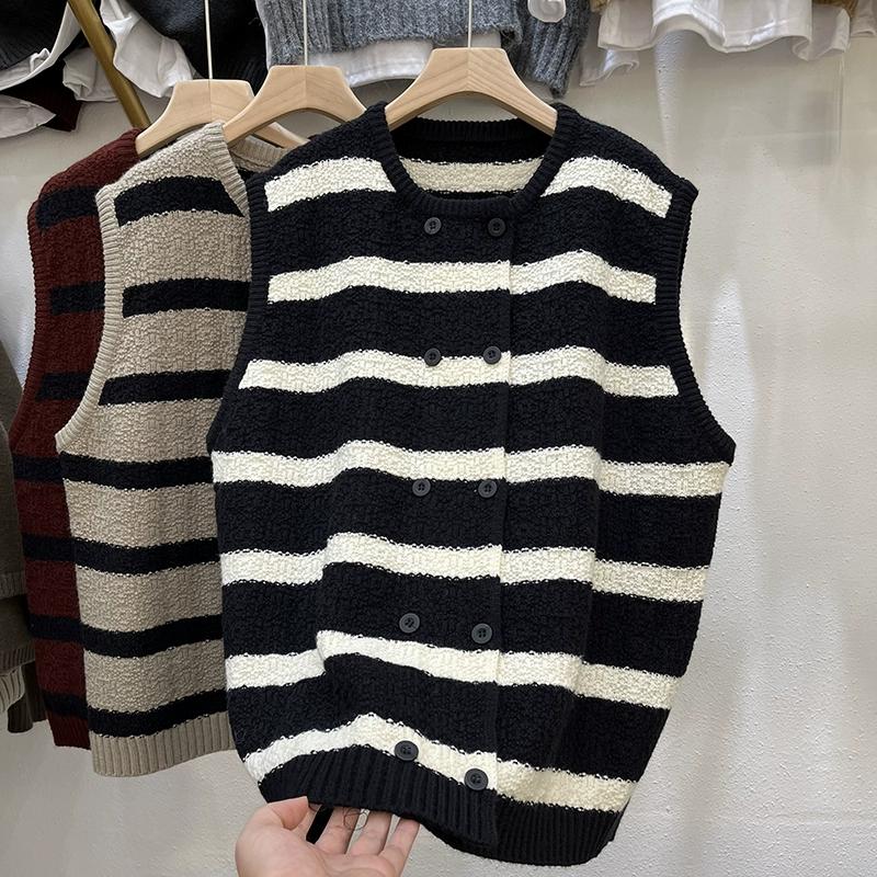 

DIMANAF 2025 Autumn Women Sleeveless Striped Vest Sweaters Knitting Buttons Casual Style Loose Sweater One Size