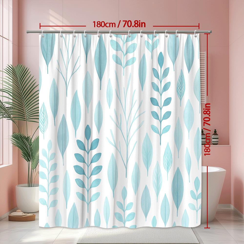 Hellblaues Blattmuster Duschvorhang Minimalistisches Naturdesign Moderne Badezimmerdeko Elegant Wasserdicht Kostenlose Haken Enthalten