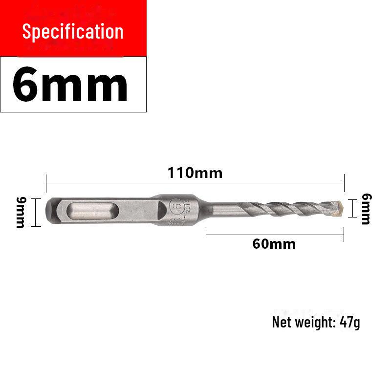 Impact Hammer Drill Bit for Drilling Through Concrete and Cement Walls with Round and Square Handles, Two Pits, and Two Grooves.