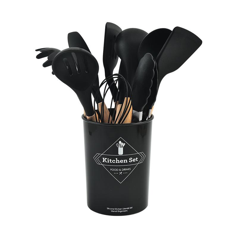 12-Piece Silicone Kitchen Utensil Set with Wooden Handles and Storage Container