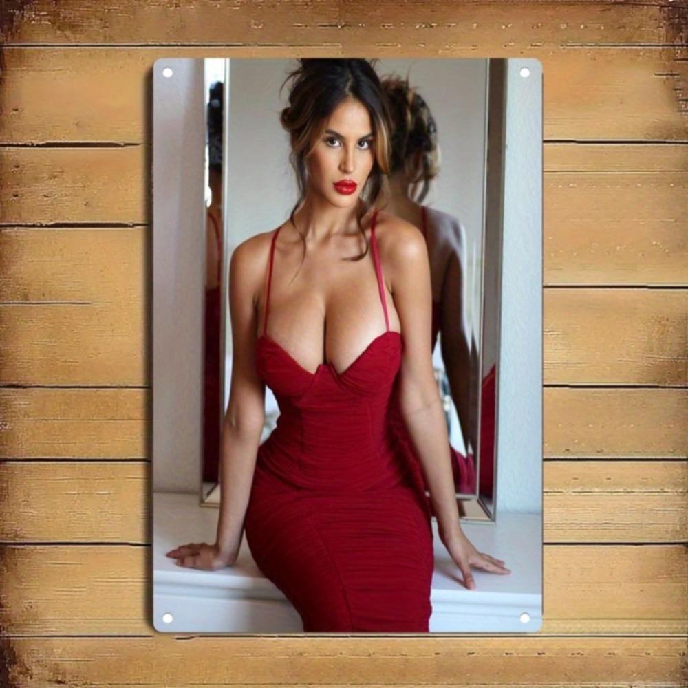 D Flat Metal Sign Elegant Red Dress Iron Wall Art for Home Bar Cafe Bedroom Humorous Christmas Gift