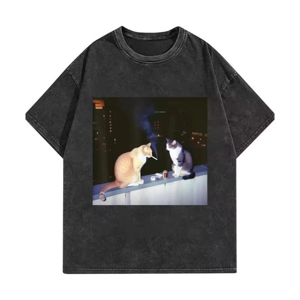 Funny Cat Meme T-shirt High Quality Fashion Vintage Washed T-shirts Men Women Casual Short Sleeve T Shirts Streetwear
