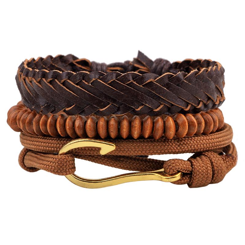 Men's Retro Multi-Strand Cowhide Anchor Bracelet Set with Wood Beads