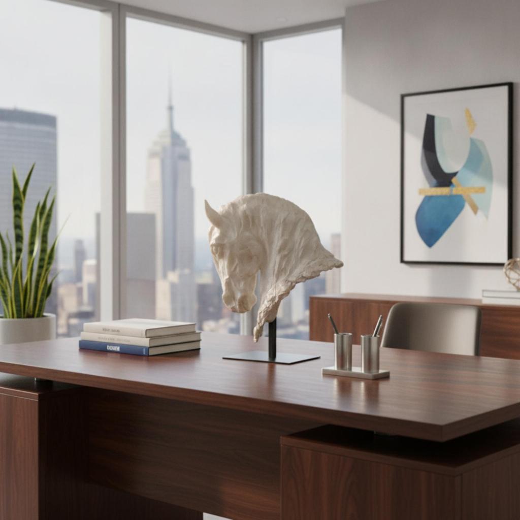 Horse sculpture with metal stand, modern made of resin