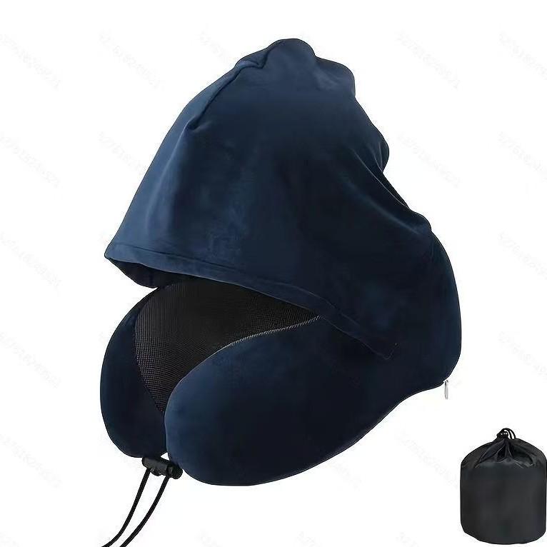 Hooded Memory Foam Travel Neck Pillow - U-Shaped Support for Airplane & Train Naps