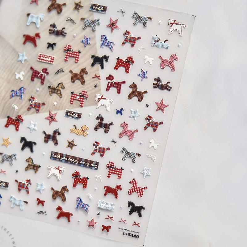 Cute Cartoon Fabric Pony Nail Stickers Embossed Nail Stickers Embossed Relief Nail Art Decoration Manicure Sticker Accessories