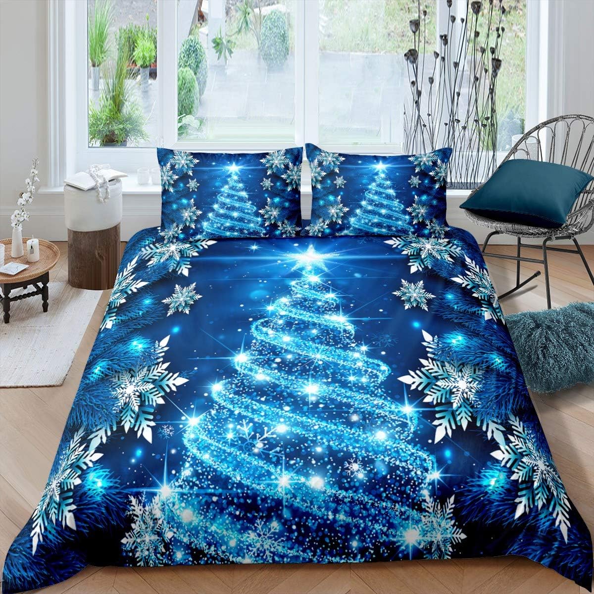 

Christmas Tree Duvet Cover Blue Xmas Theme Bedding Set Snowflake for Girls Daughter Bedroom Decor Girly Glitter Cover King 3Pcs EU Twin(135x200cm)