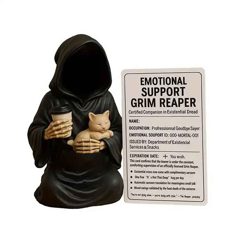 Gothic Emotional Support Figurine Grim Reaper Statue Halloween Decoration Holding Coffee & Cat Resin Desktop Ornament