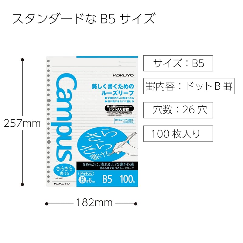 KOKUYO Campus Loose-Leaf Paper, Smooth Writing, Dotted Ruled Lines, B5 Size, B-ruled, 100 Sheets, No-836BTN