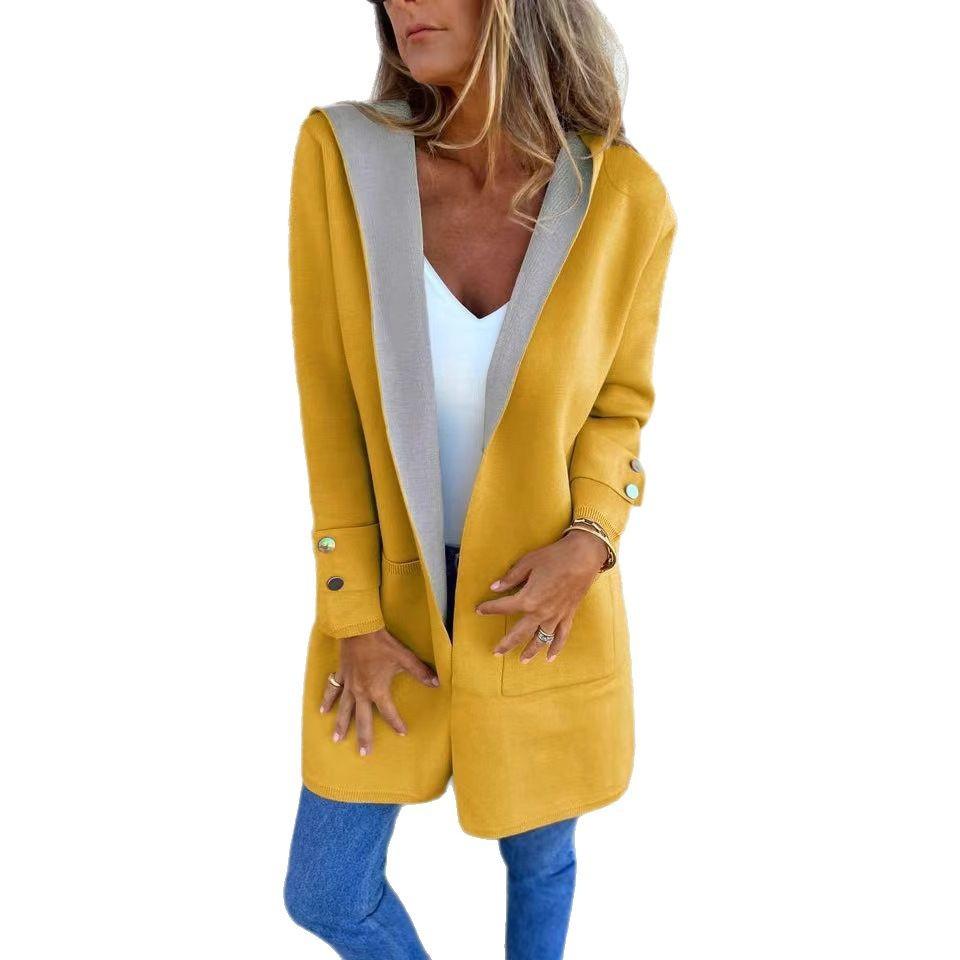 Women's Orange Hooded Cardigan Sweater Casual Long Sleeve Open Front Lightweight Jacket