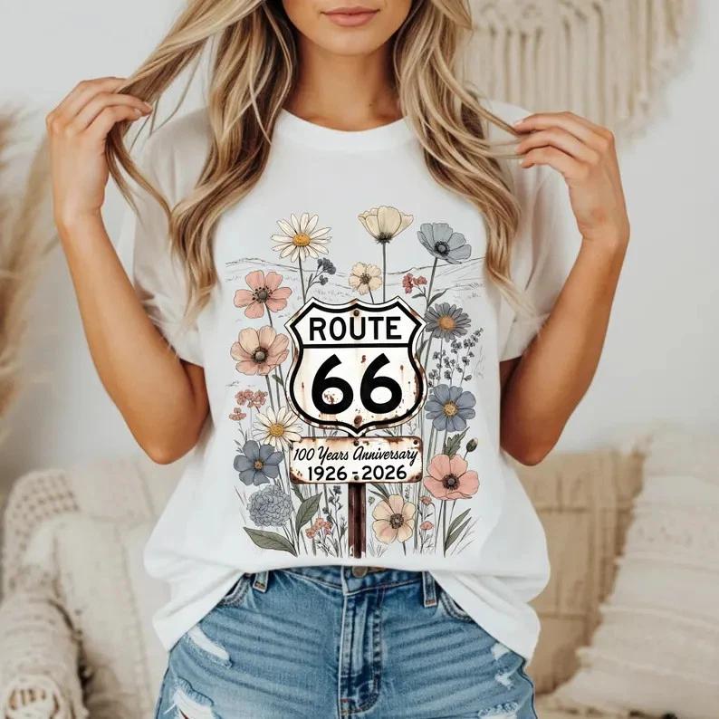 Route 66 Centennial Floral Shield Retro Road Trip Graphic Tee XL