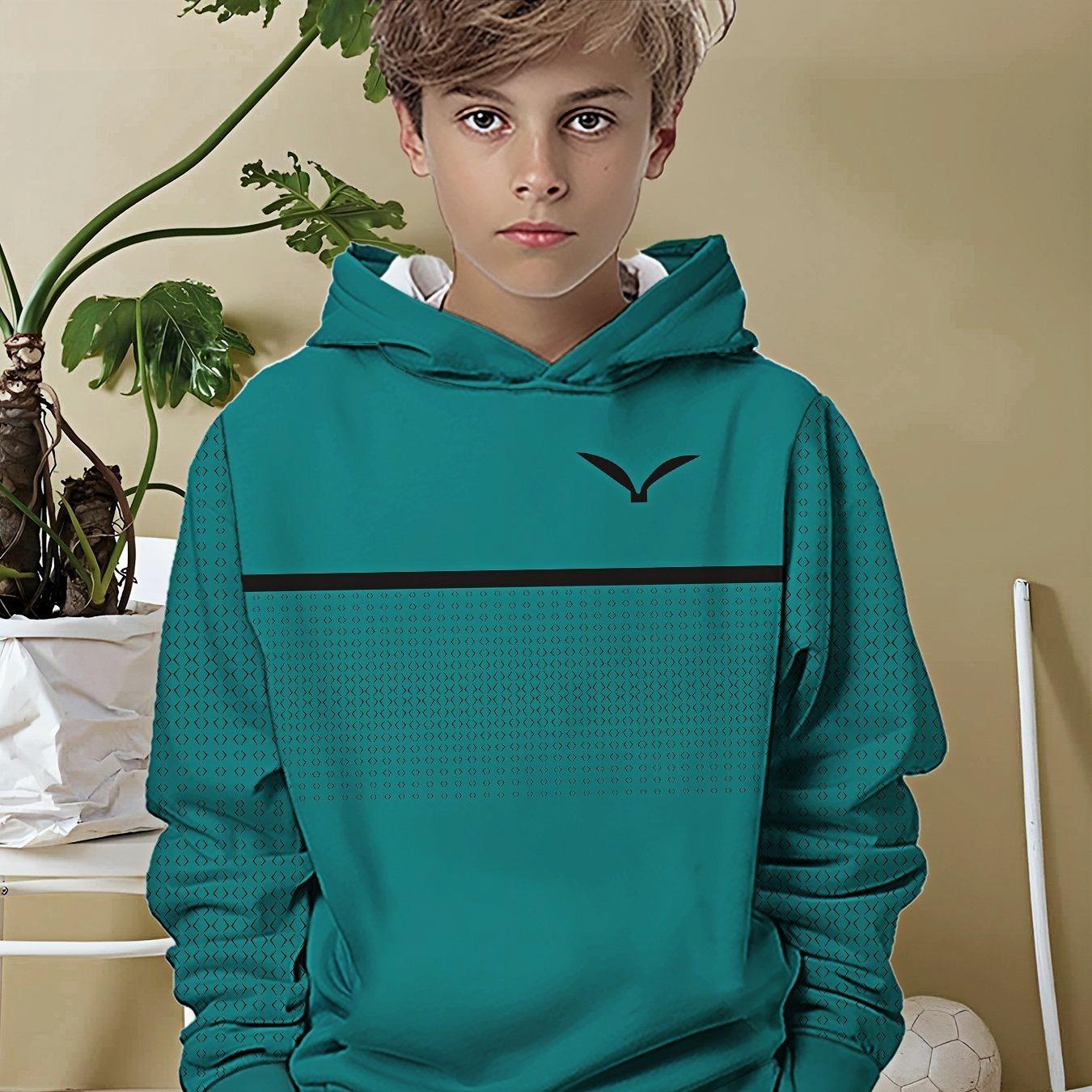

Turquoise and white patchwork hooded sweatshirt with black striped collar and iconic print - pullover 13-14Y