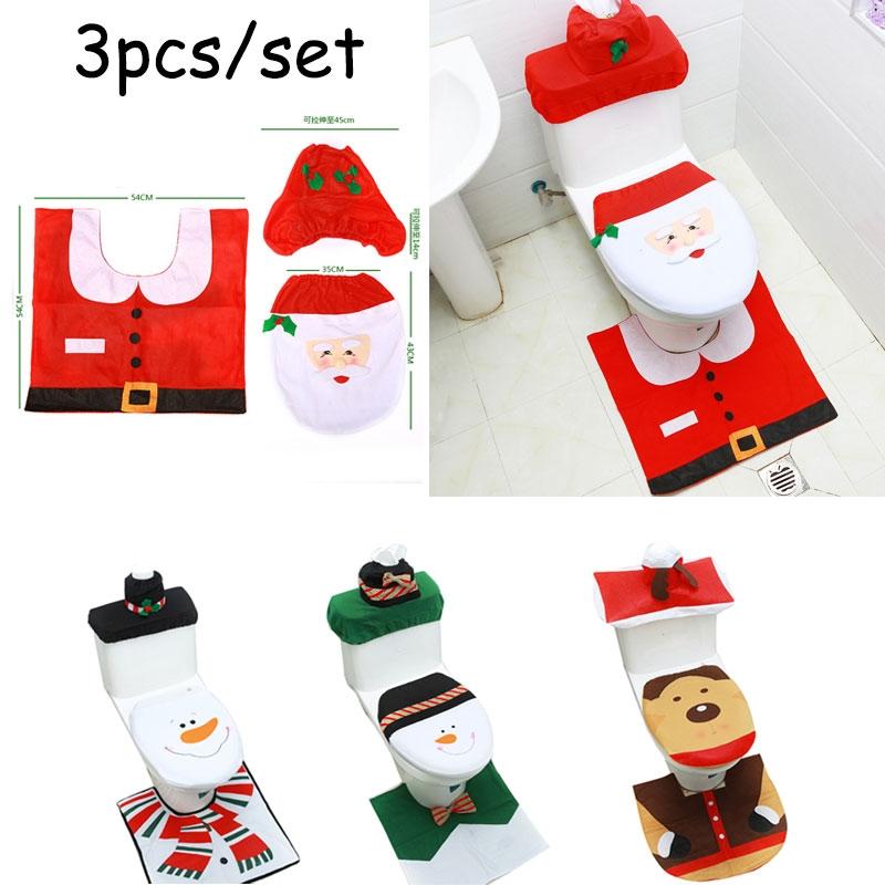 3pcs/set Christmas Fancy Santa Claus Snowman Toilet Seat Cover and Rug Set Xmas Home Bathroom Decor Set