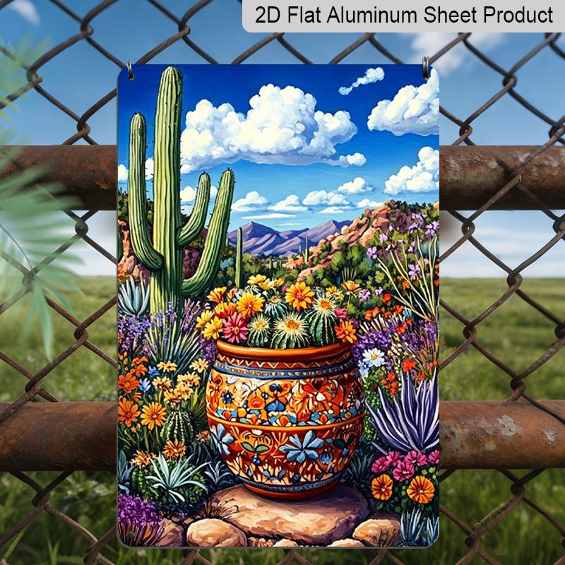 2D Flat, Desert Cactus Floral Pot Aluminum Sign - Retro Southwestern Wall Decor Southwestern Home, Desert Living Room, Cactus Garden, Boho Bathroom 20*30cm