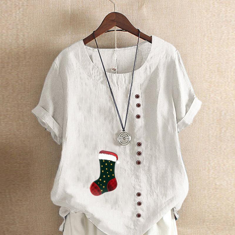 Women's Fashion Round Neck Short Sleeve T-shirt Casual Cotton Linen Graphic Shirt Leisure Loose Christmas Stocking Prined Summer Blouse Tops