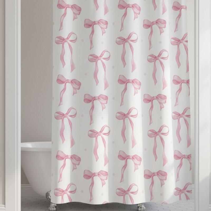 Stylish Bowknot Bath Curtain Water Resistant Fabric Shower Curtain Easy Maintenances Household Hotel Bathroom Use