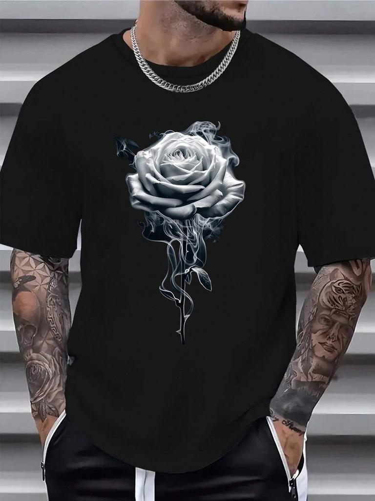 Men's Rose Printed Round Neck T-Shirt