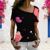 Women Plus Size Asymmetric Neck Short Sleeve Top Pink Heart Star Sparkle Black Background Art Print