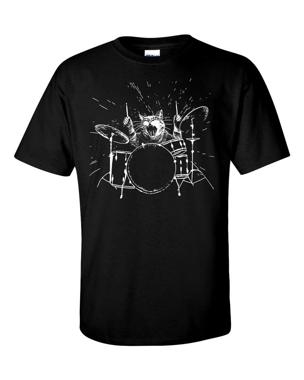 Cat Drummer T-Shirt Cat Playing Drums Drum Player Stencil Shirt S