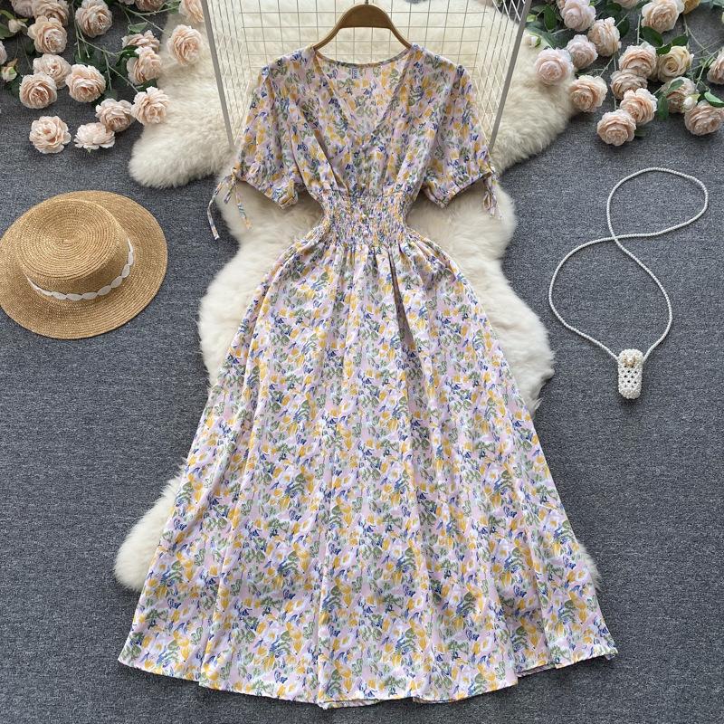 Women Summer Spring Short Sleeve Flower Print V-neck Casual A-Line Ankle-Length High Waist Dress