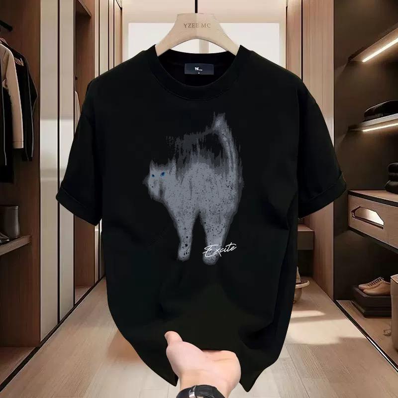 

Американский Ретро Модный Бренд Пушистый Котенок Летний Универсальный Инс Североамериканская Мода Принтованный Свободный Короткий Рукав 5XL чёрный