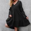 Women's Fashion Casual Color Boho Loose Dress Ruffled Long Sleeve Mid Skirt