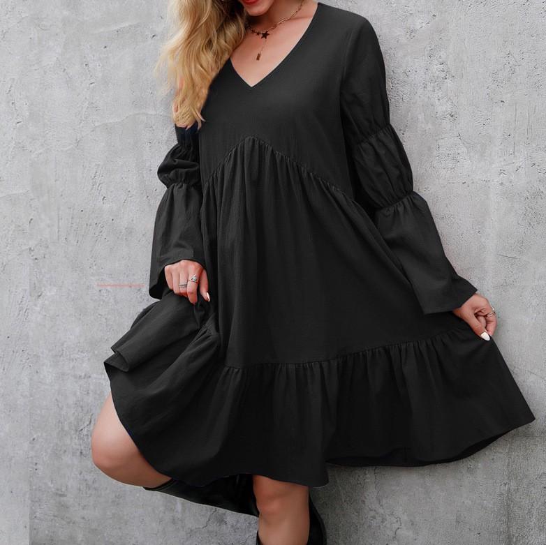 Women's Fashion Casual Color Boho Loose Dress Ruffled Long Sleeve Mid Skirt