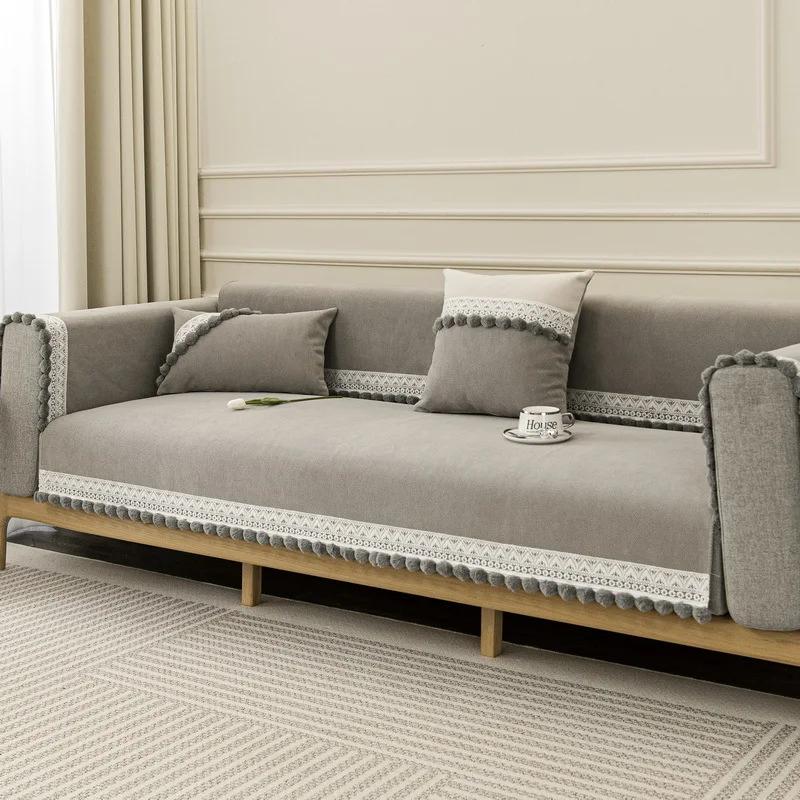 

Бархатный высококачественный кремовый чехол для дивана Coix, универсальный нескользящий однотонный коврик для дивана на четыре сезона, плюшевый шариковый чехол для дивана с кисточками 30x50cm pillowcase