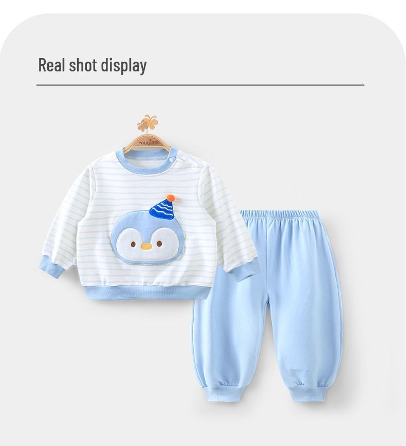 Korean Cartoon Penguin Hoodie Two-Piece Set: Baby Striped Long Sleeve Shirt for Spring, Autumn, Winter