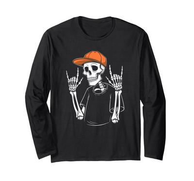 Cool Skeleton Funny Halloween Skull Art with Orange Hat Long Sleeve T-shirt