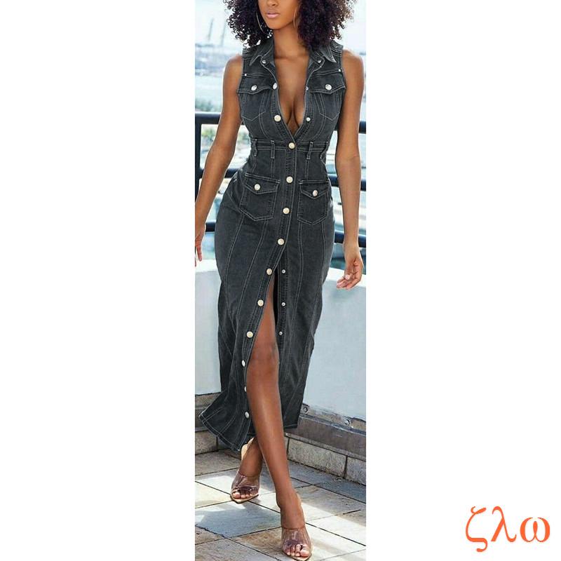 V Neck Sleeveless Maxi Split Dress 