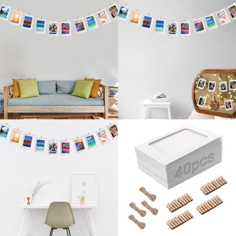 40 Paper Photo Frames 40 Wooden Clips 4 Rope Creative Hanging Photo Display Kits For DIY Wall Decors Birthday Party