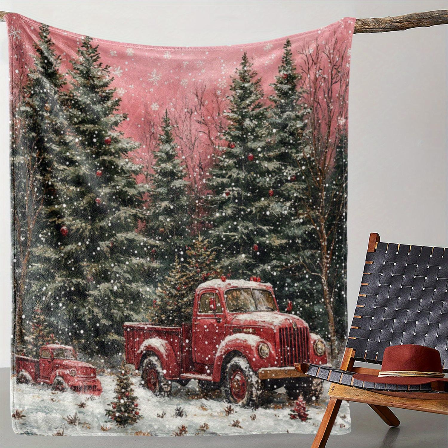 [Soft Warm Cozy Flannel Blanket] Cozy Flannel Christmas Blanket with Pine Tree & Truck Print - Soft, Warm Throw for Couch, Bed, 75X95CM