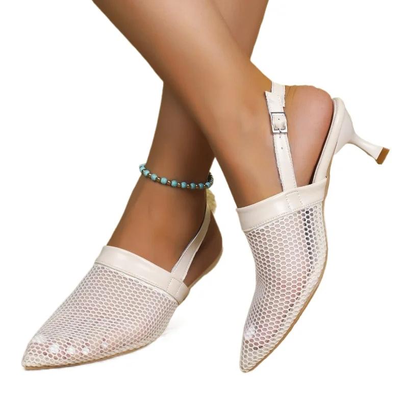 Shoes for Women 2024 Mesh Slip-on Women's High Heels Summer High Heel Pump Women Pointed Toe Slingbacks Heeled Sandals