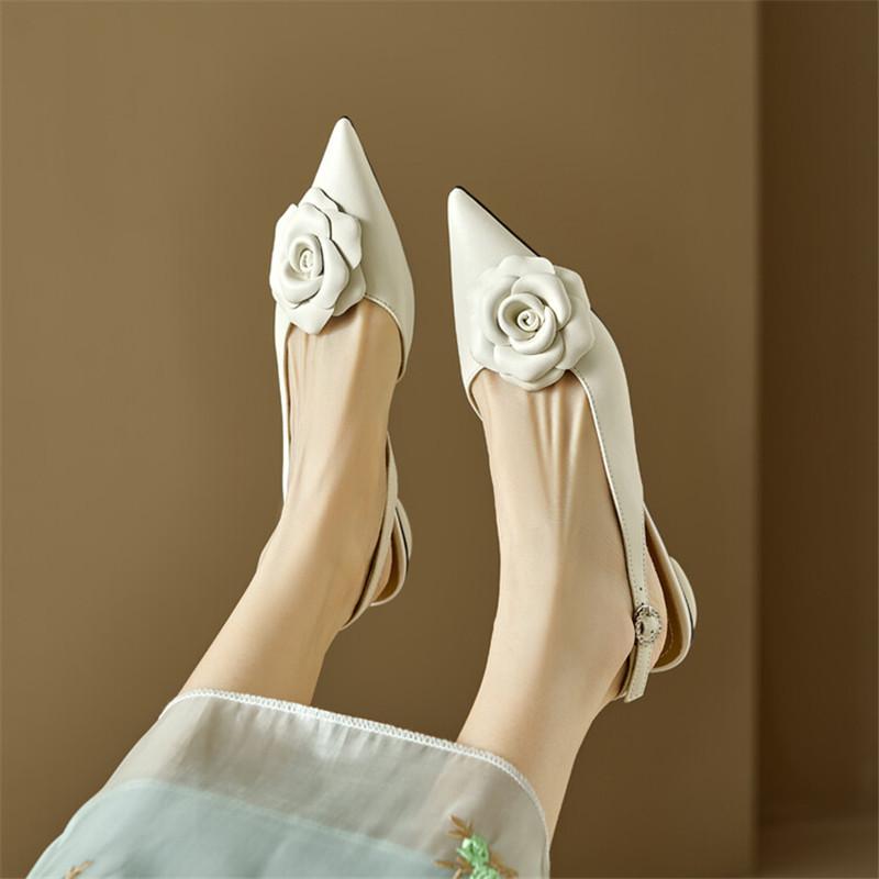 Fashion New Sheepskin Summer Sandals Pointed Toe Chunky Heels Sandals for Women Zapatos Mujer Cover Toe Camellia Sandals Ladies Shoes