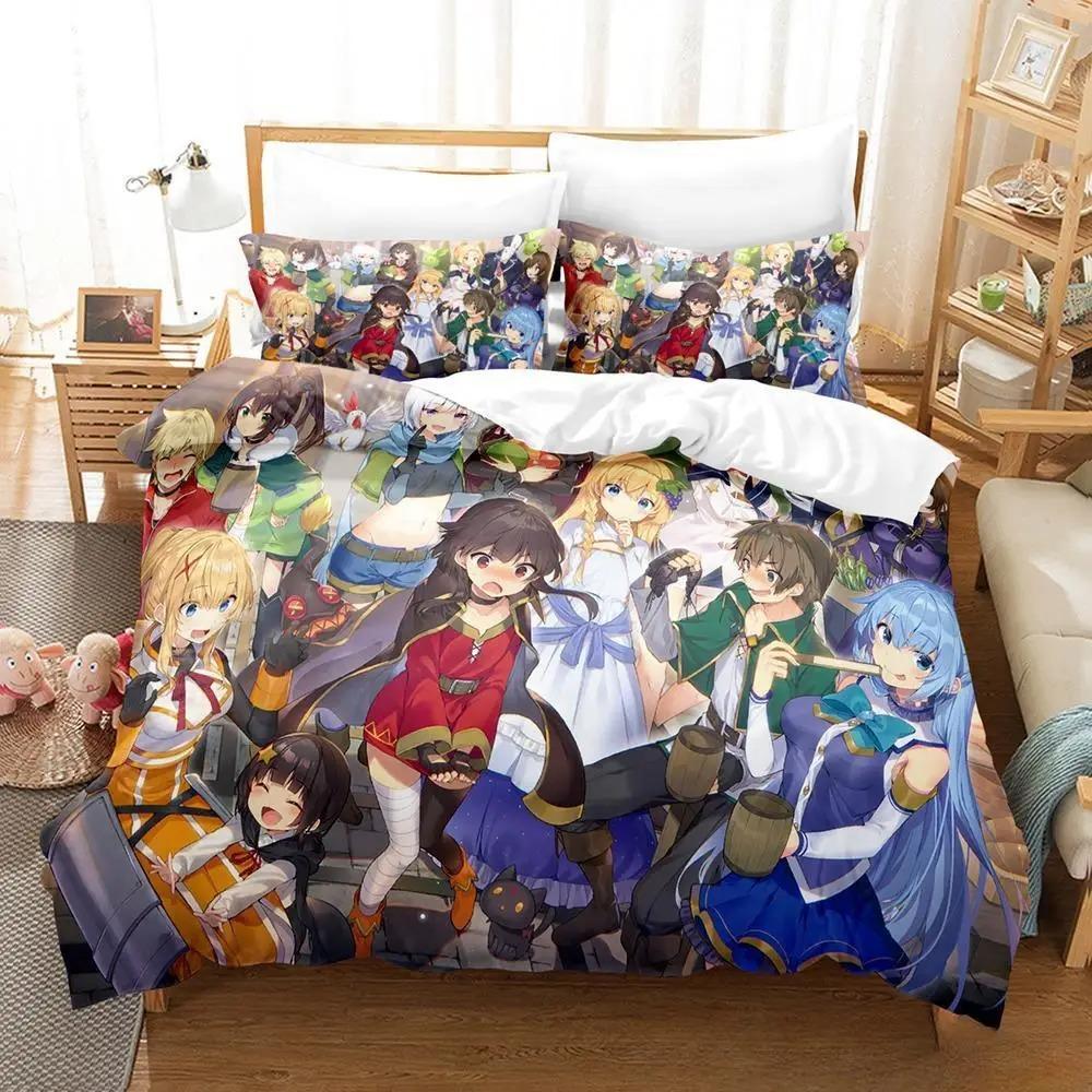 Kawaii KonoSuba Bedding Set 3D Anime Duvet Cover King Size for Adult Kids Bedroom Cartoon Girls