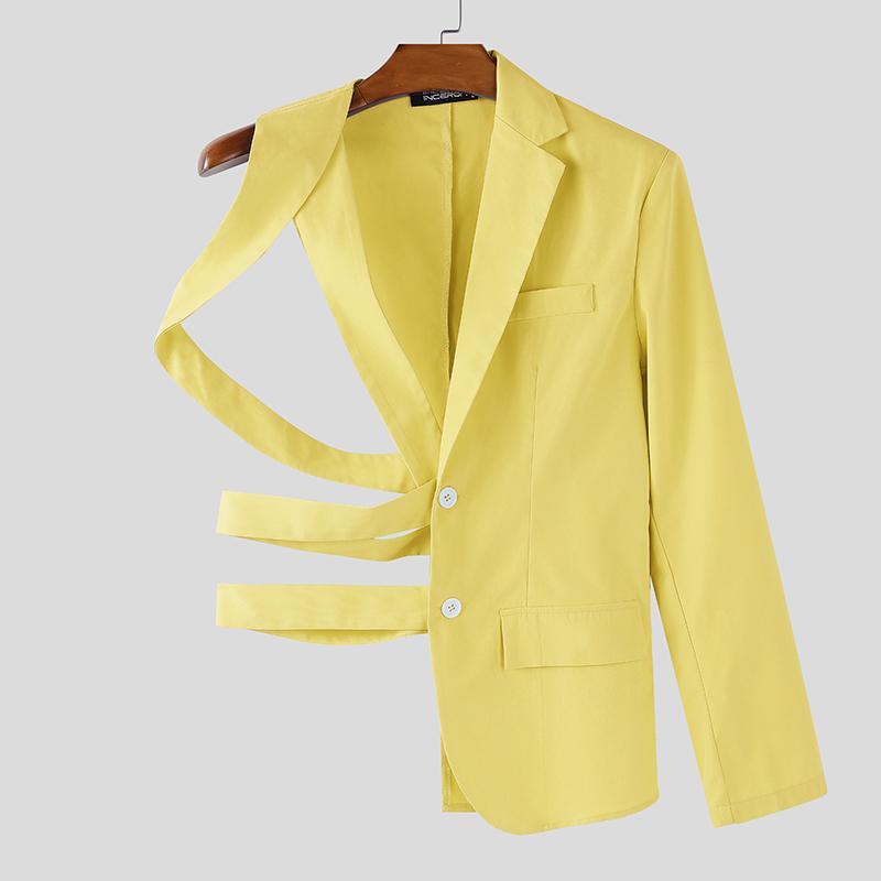 INCERUN Men One Shoulder Long Sleeve Button Cutout Bandage Blazer Irregular Coats