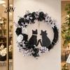 Spooky Cat And Moon Garland Halloween Floral Garland, with String Lights, Black Silhouette Maple Leaf Wreath, for Front Door Indoor Outdoor Wall Decor