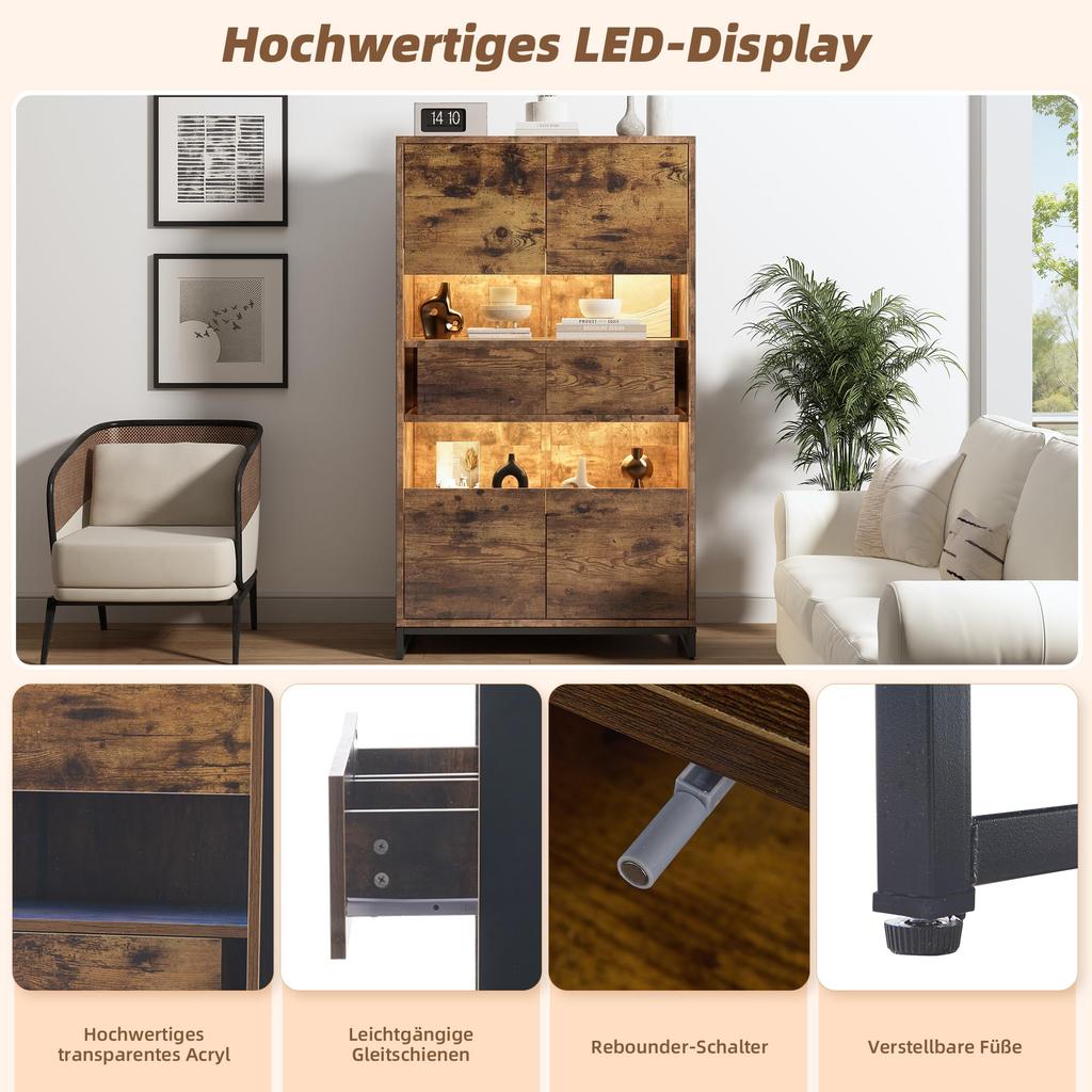 Transparent Display Cabinet Bookcase 2 Doors & 2 Drawers, Highboard Display Cabinet Wine Cabinets Living Room Dining Room Office, Vintage Brown