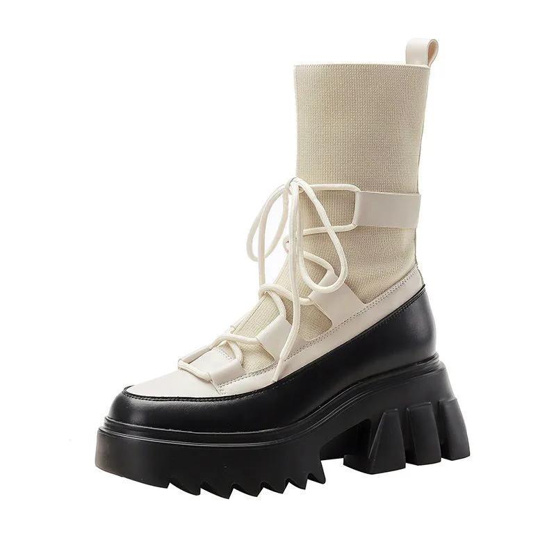 Comemore Casual Gladiator Sock Boot England Style Women Knitted Platform Ankle Boots Botas  Autumn Thick Heels Ladies Shoes
