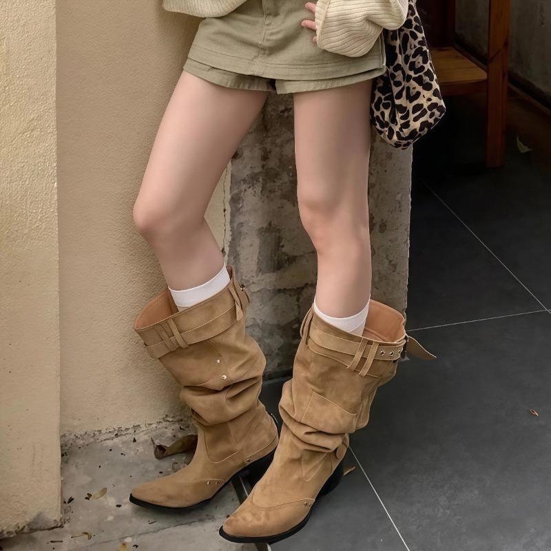 Big tube around long boots for women but knees Spring and summer new thick heel thin pointed belt buckle pleated pile boots