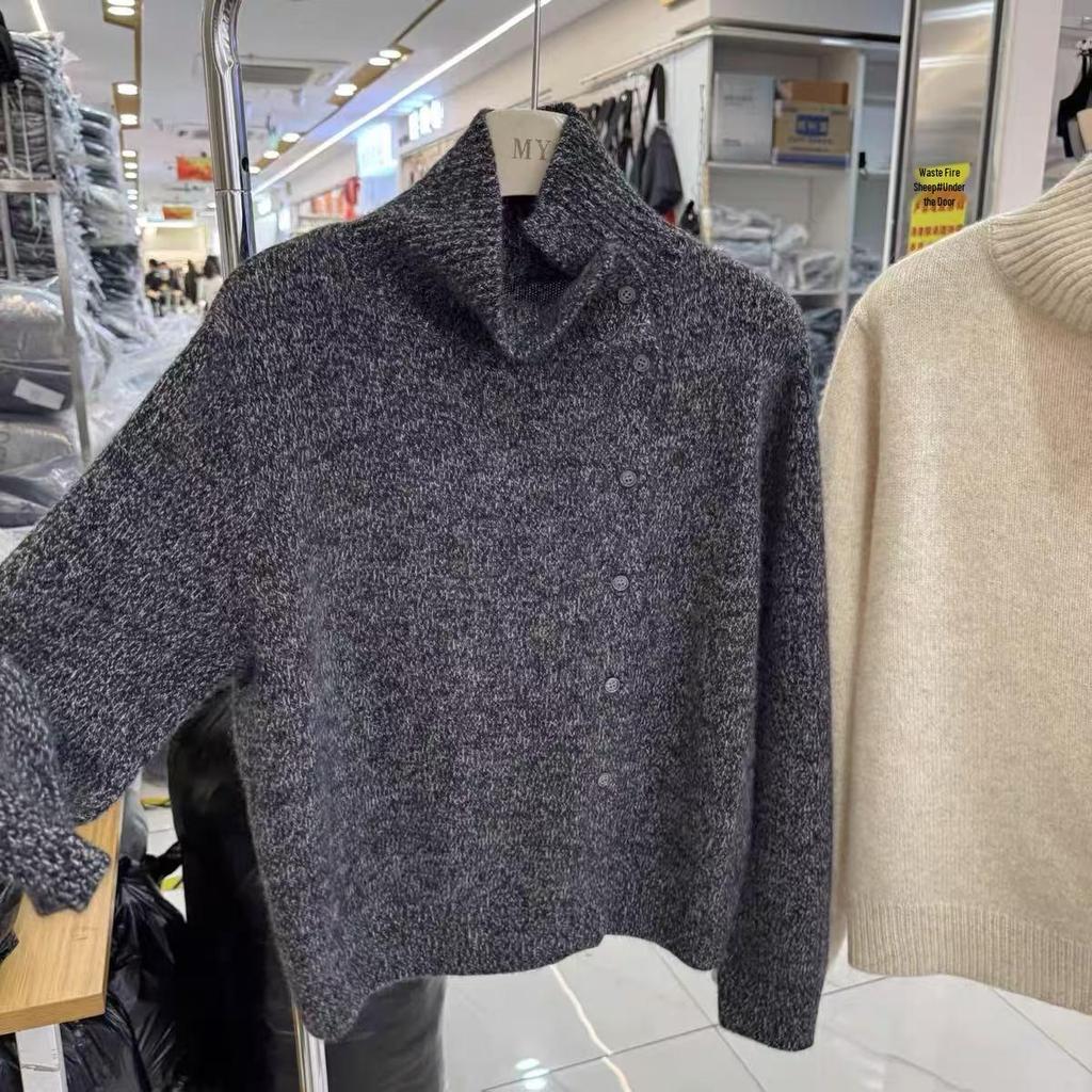 Women's Asymmetrical Button-Up Wool Cardigan - Soft High Neck Knit Sweater for Autumn and Winter Layering